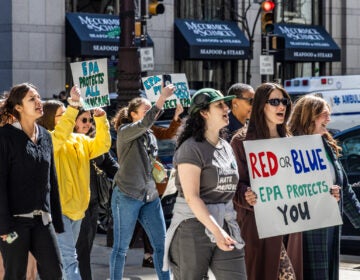Protesters marching and carrying signs. One reads RED OR BLUE EPA PROTECTS YOU and another reads EPA PROTECTS ALL AMERICANS