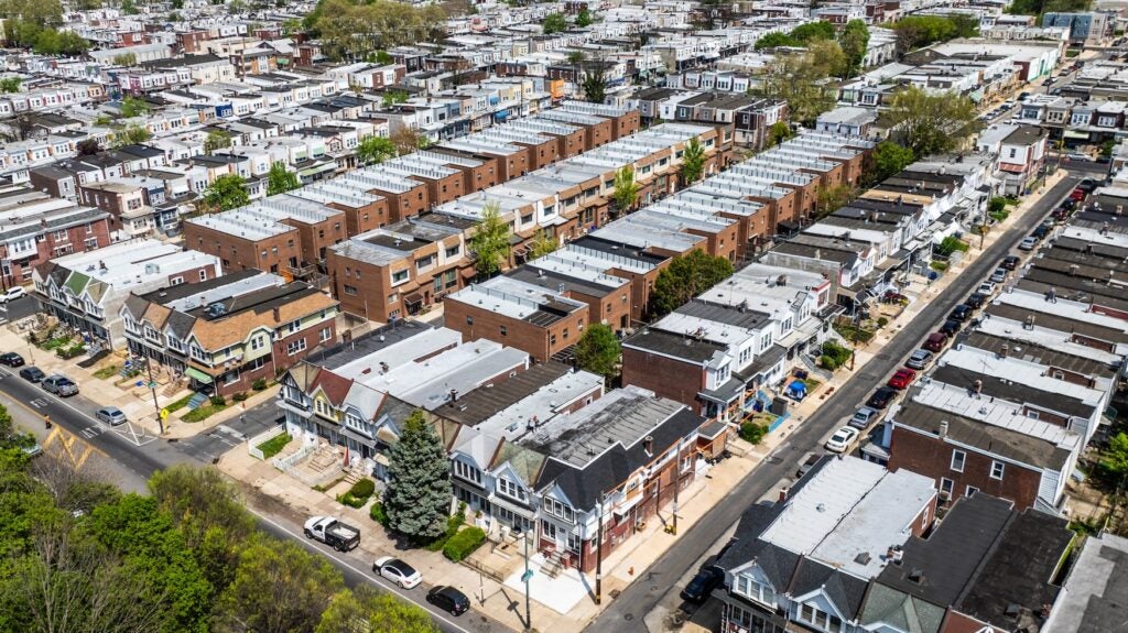 Aerial view of the homes that were rebuilt on the site of the MOVE bombing