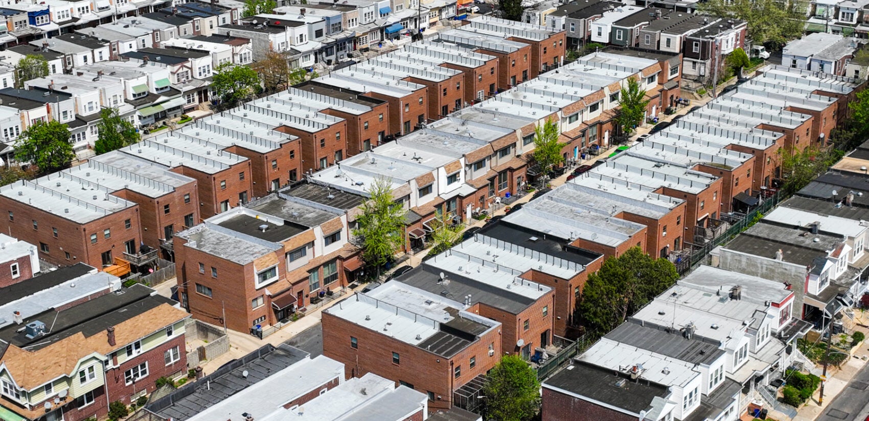 Aerial view of the homes that were rebuilt on the site of the MOVE bombing