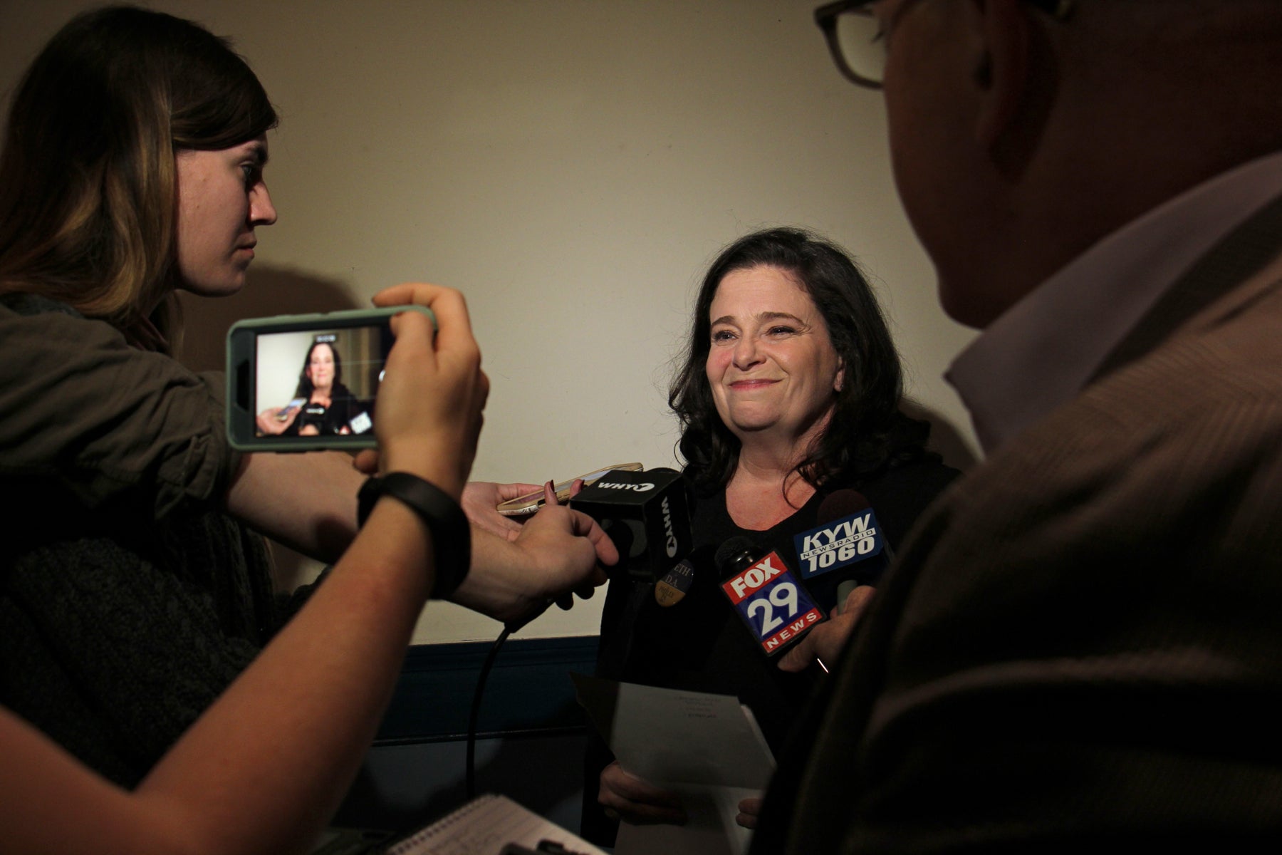 Republican district attorney candidate Beth Grossman talks with reporters after conceding the race to Democrat Larry Krasner.