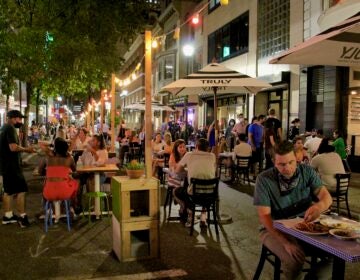 A block of Sansom Street in Center City is closed to traffic for outdoor dining on Sept. 9.