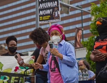 Pam Africa described police abuse her family experienced at a protest outside the Penn Museum on April 28, 2021, over the museum’s mistreatment of the remains of children Tree and Delisha Africa who were killed when Philadelphia police dropped explosives on MOVE's headquarters in 1985. (Kimberly Paynter/WHYY)