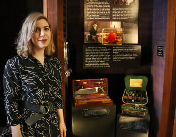 A woman stands next to a display exhibit.