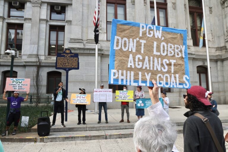 a sign reads PGW, DON'T LOBBY AGAINST PHILLY GOALS