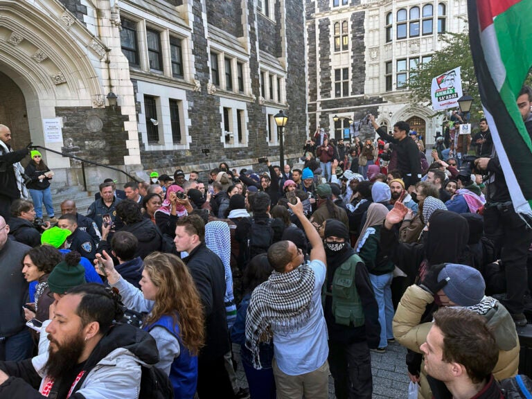 Students at the City College of New York protest the Israel-Hamas war on the campus in the Harlem neighborhood of New York, Thursday, April 25, 2024. (AP Photo/Jake Offenhartz)