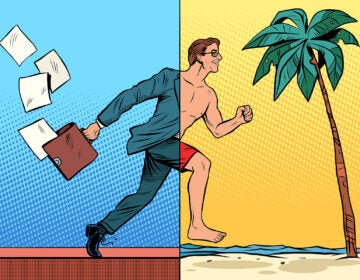 Businessman dreaming about rest pop art retro style. Beach sea tourism tropics. Office work business concept. Vacation travel joy
