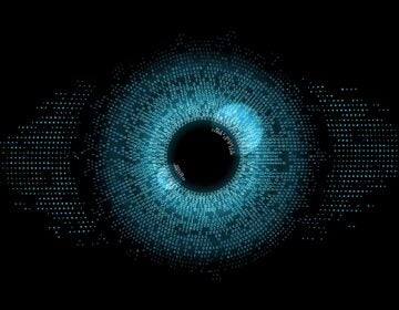 Digital eye, data network and cyber security technology, vector background. Futuristic tech of virtual cyberspace and internet secure surveillance, binary code digital eye or safety scanner