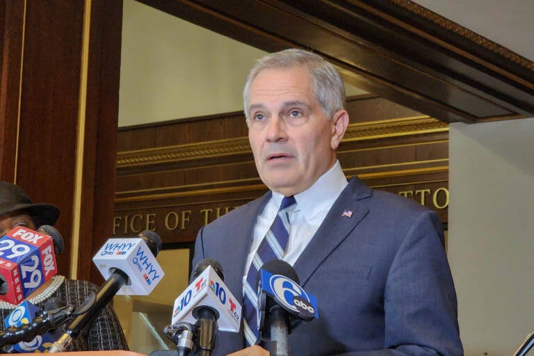 Philadelphia DA Larry Krasner speaking at a press conference October 5, 2022. (Tom MacDonald/WHYY)