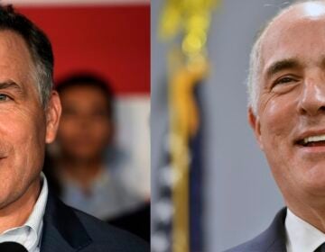 This photo combo shows. Republican David McCormick, left, addressing supporters at the Heinz History Center in Pittsburgh, Sept. 21, 2023 and Sen. Bob Casey, D-Pa., speaking during an event at AFSCME Council 13 offices, March 14, 2024, in Harrisburg, Pa..