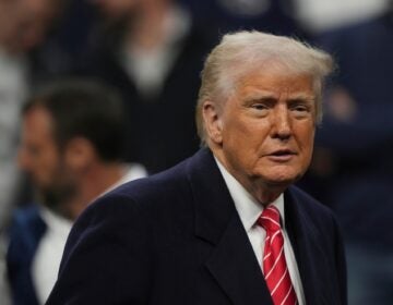 Donald Trump looks on