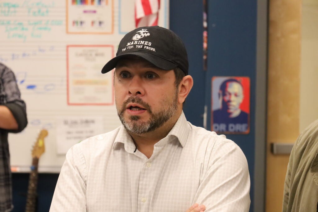 Sen. Ruben Gallego of Arizona, a Democrat, speaks with reporters before holding a “town hall” in Bucks County. 