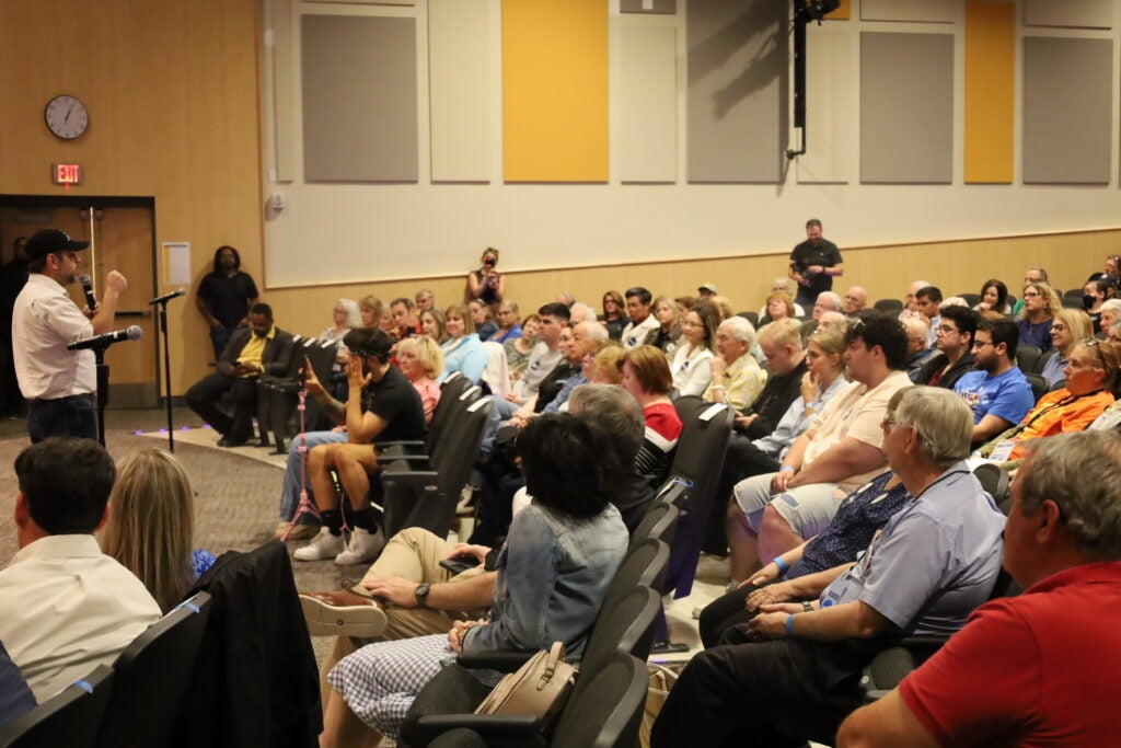 Sen. Ruben Gallego of Arizona, a Democrat talks with an audience of a few hundred in Levittown.