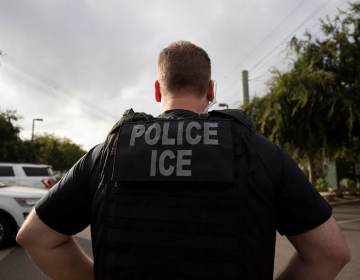 An Immigration and Customs Enforcement officer is seen from behind.