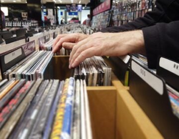 Close up of hands flipping through lps in a large record shop.