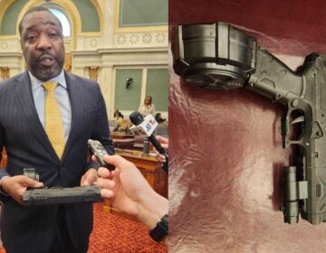 side-by-side photos of Kenyatta Johnson holding a toy gun, and the toy gun