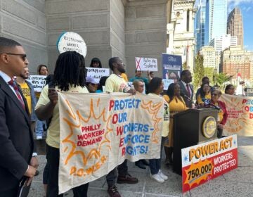 Council member Kendra Brooks, Council President Kenyatta Johnson and union workers outside Philadelphia City Hall