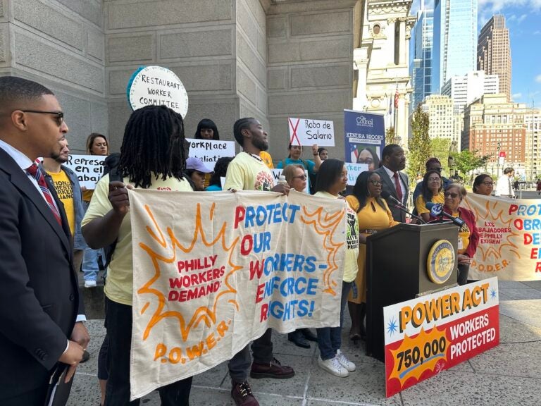 Council member Kendra Brooks, Council President Kenyatta Johnson and union workers outside Philadelphia City Hall