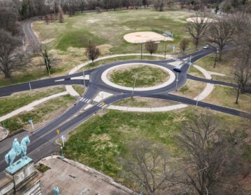 Aerial shot of Traffic circle at Lansdowne Drive and Avenue of the Republic in Philadelphia