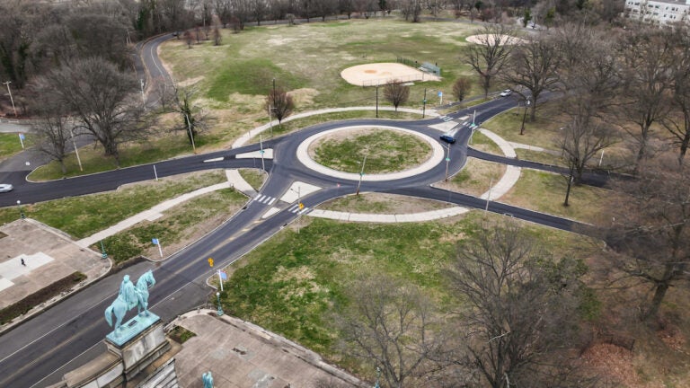 Aerial shot of Traffic circle at Lansdowne Drive and Avenue of the Republic in Philadelphia