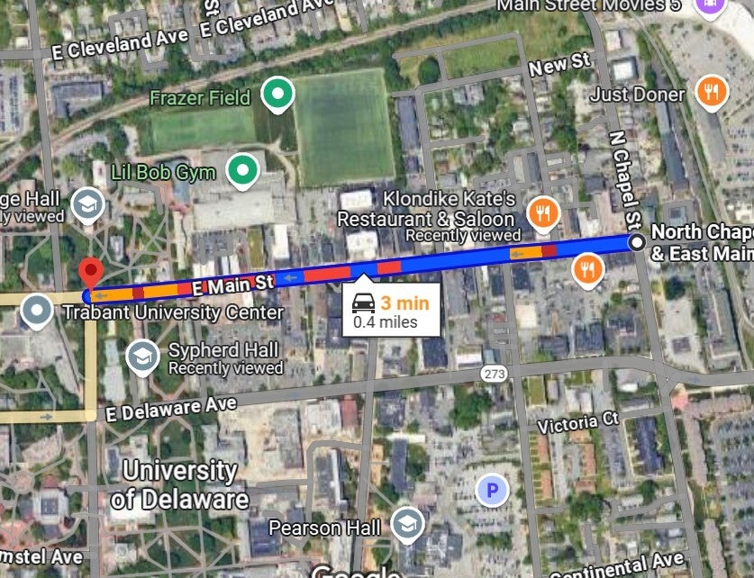 the 0.4-mile stretch of Main Street from Chapel Street to South College Avenue at the University of Delaware