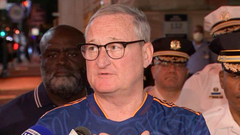 Close-up of Mayor Kenney speaking with the media.