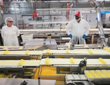 two workers look at the manufacturing line