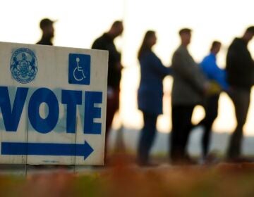 Voters wait in line to cast their ballots at Scranton High School on Election Day, Nov. 5, 2024.