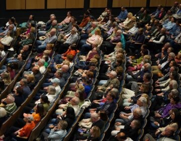 Attendees are seen overhead at U.S. Rep. Madeleine Dean's town hall in Blue Bell, Pennsylvania