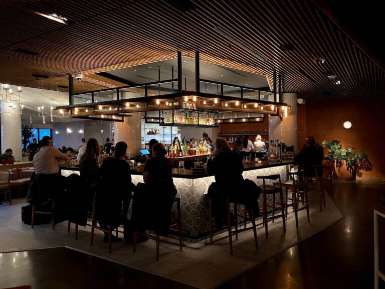 People seated at the bar inside a restaurant.