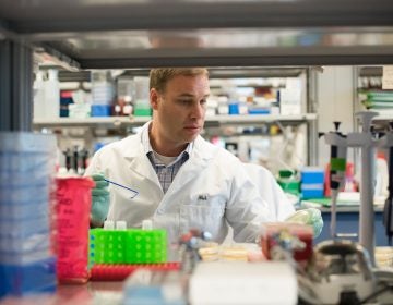 A scientist in a white lab coat works in a Spark Therapeutics lab.