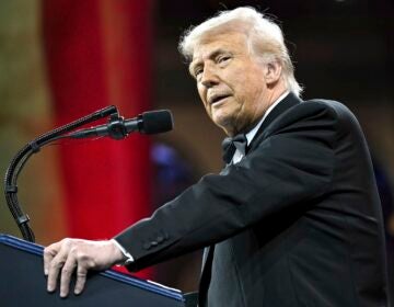 Donald Trump speaking at a podium
